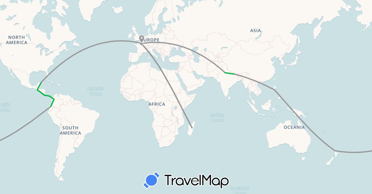TravelMap itinerary: driving, bus, plane in Colombia, Costa Rica, Ecuador, France, Guatemala, India, Madagascar, Mexico, Nepal, New Zealand, Panama, Philippines (Africa, Asia, Europe, North America, Oceania, South America)